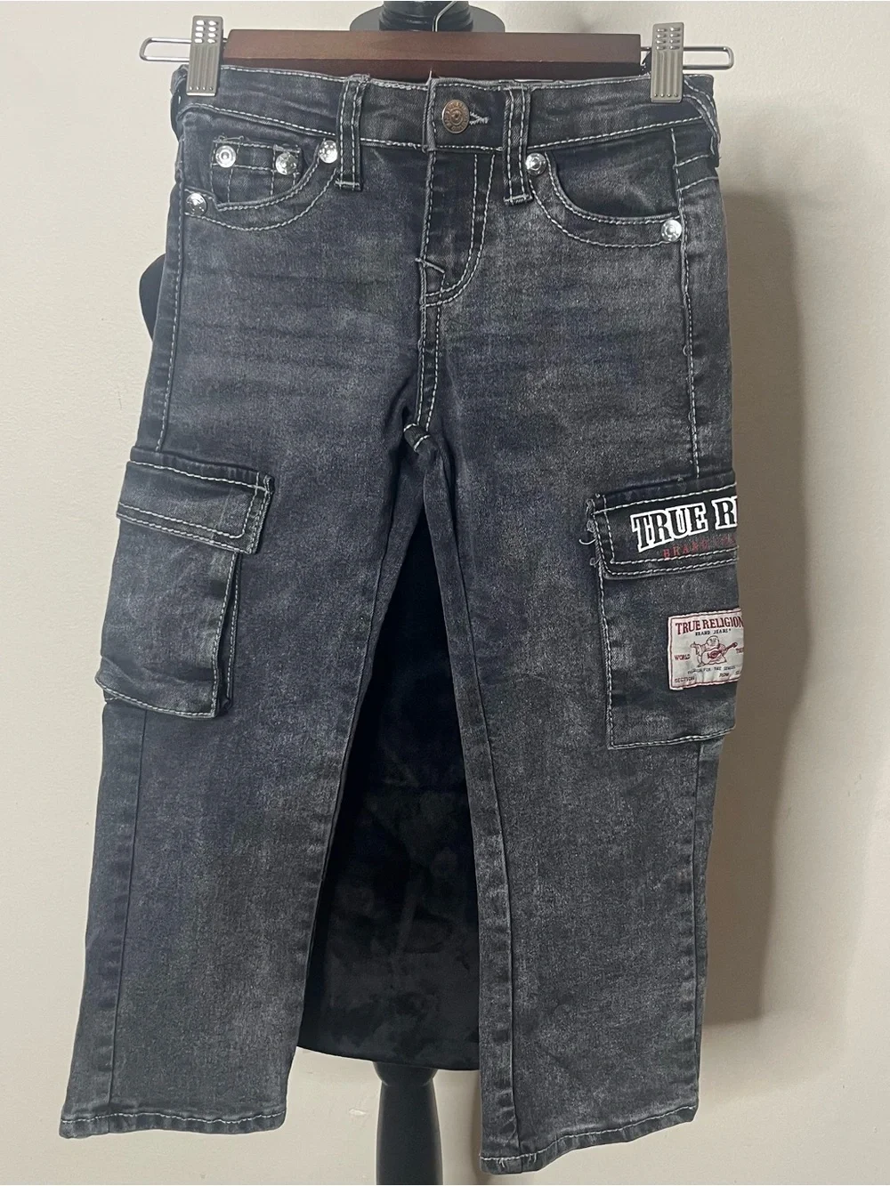 True Religion‎ Kids Ricky Relaxed Straight Leg Charcoal Washed Cargo Jeans Sz 6